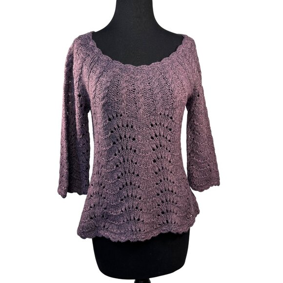 Sparrow Womens Size Medium Purple Wool Acrylic Blend Crochet Sweater 3/4 sleeves - Picture 1 of 6